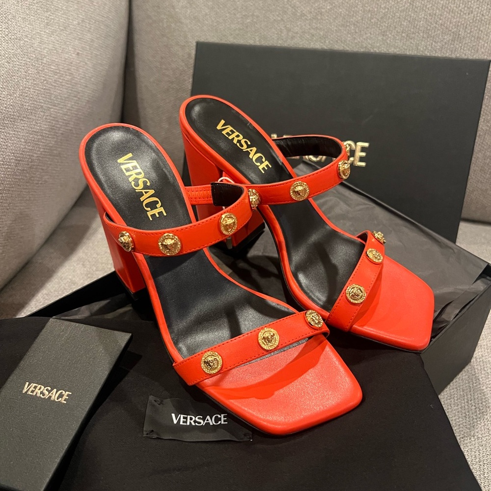 New Versace Orange Leather Heels with Gold Medusa Accents
